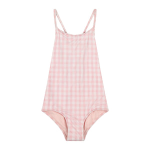 Kids pink gingham one piece suit is designed for style and comfort.