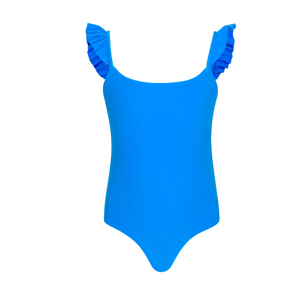 The Amelia Blue Ruffle Kids One Piece